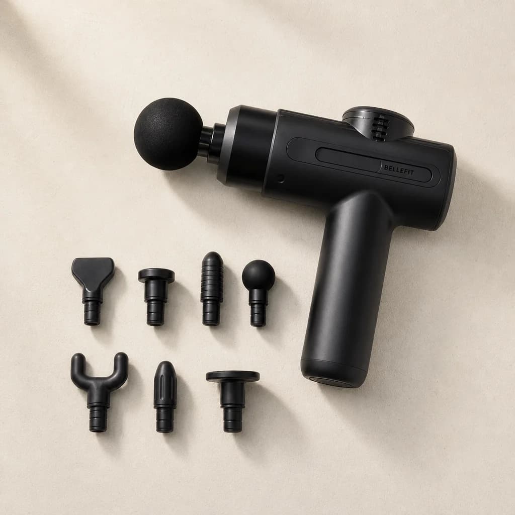 Illustration of an at-home massage routine using a handheld massage gun