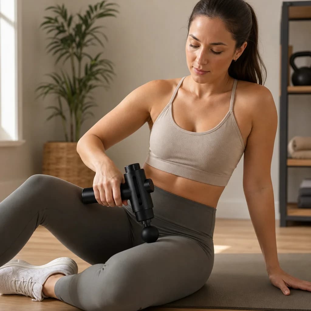 AI-generated illustration of a woman using the massage gun on her thigh in a home workout space